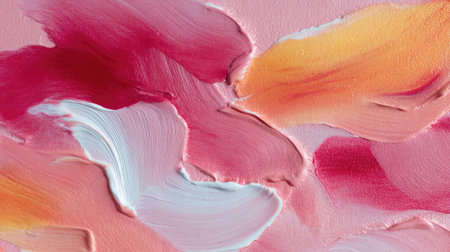 This captivating image features abstract textures of pink and orange paint on canvas, showcasing smooth brush strokes that create an emotional and inviting atmosphere.の素材