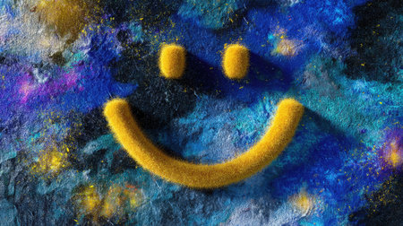 A bright yellow smile icon rests on a textured background of vivid blue and purple hues. This artwork captures joy and positivity, ideal for cheerful designs.の素材
