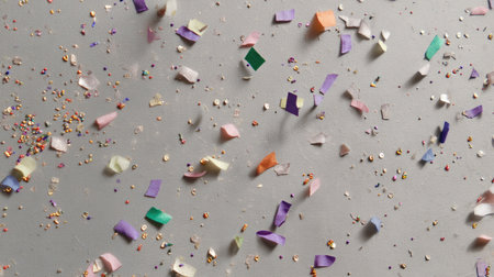 A vibrant spread of colorful confetti pieces scattered across a light gray background, perfect for enhancing celebratory materials and festive designs.の素材