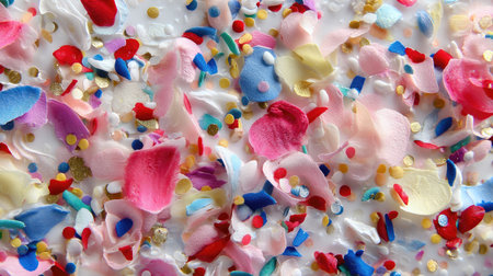 A lively and festive background featuring a mix of colorful confetti and delicate petals. Perfect for themes of celebration, joy, and special occasions.の素材