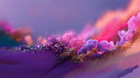A mesmerizing abstract composition showcasing vibrant colors and glittery textures, with soft waves of purple, pink, and blue tones, perfect for imaginative designs.の素材