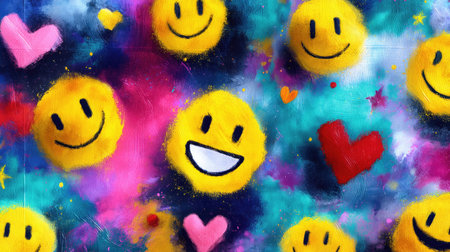 This colorful artwork features cheerful smiley faces set against a vibrant background with hearts, perfect for conveying joy, positivity, and fun in various creative projects.の素材