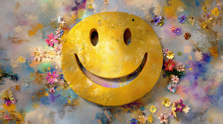 A bright yellow smiley face stands out against a textured backdrop, surrounded by colorful flowers. The image evokes feelings of joy, creativity, and positivity, making it ideal for cheerful designs.の素材