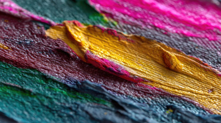 Close-up view of colorful paint strokes on canvas, showcasing vibrant hues and rich textures. This abstract composition captures creativity and artistic expression.の素材