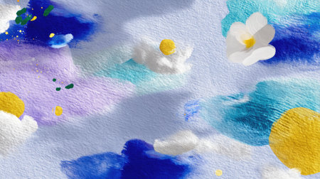 This vibrant watercolor background features soft clouds, delicate flowers, and colorful brushstrokes, ideal for creative projects and artistic designs.の素材