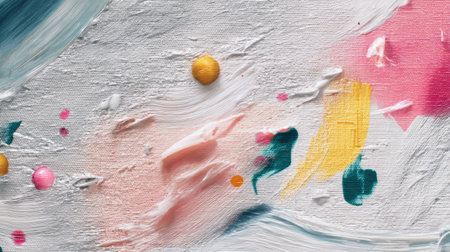 This captivating abstract painting showcases a dynamic blend of colors and texture through expressive brush strokes and vibrant splatters.の素材