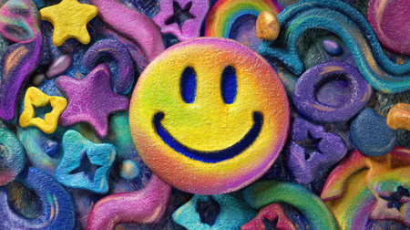 A vibrant and colorful abstract background featuring a central smiley face surrounded by playful swirls, stars, and colorful dots. Perfect for projects that require a cheerful and fun aesthetic.の素材