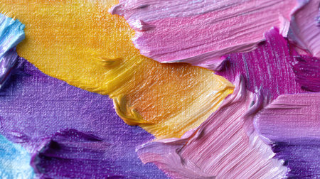 Close-up view of a vibrant abstract oil paint texture showcasing a blend of yellow, pink, purple, and blue hues. Ideal for artistic backgrounds.の素材
