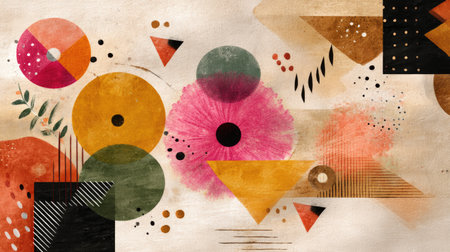 This abstract artwork features a vibrant array of geometric shapes and soft textures, blending warm colors with organic forms. Ideal for modern design projects.の素材