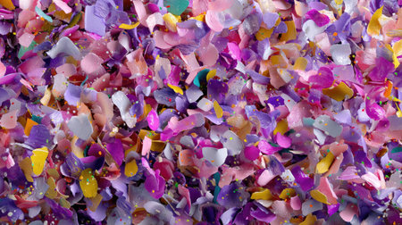 A vivid texture of colorful confetti pieces scattered together in an array of bright shades, perfect for backgrounds in celebrations, crafts, and artistic projects.の素材