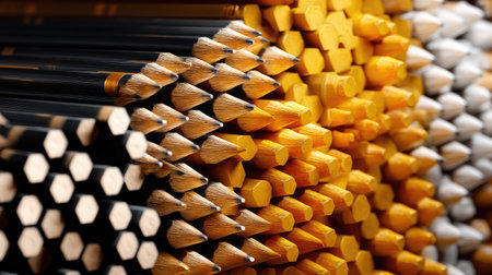 Detailed close-up of neatly arranged colorful pencils with sharpened tips, ideal for art, office supplies, and educational settings, showcasing vibrant hues and textures.の素材