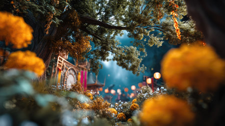 This enchanting forest scene features vibrant flowers and glowing lanterns illuminating a serene pathway, evoking a magical atmosphere.の素材