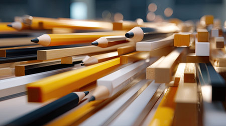 An engaging close-up image showcasing a vibrant mix of colored pencils and wooden sticks arranged in an artistic pattern, perfect for creative projects.の素材