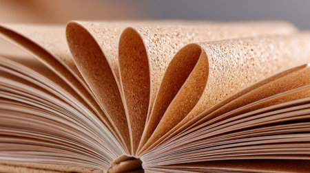 This close-up image captures the intricate texture and elegance of open book pages, highlighting the beauty of literature and reading. Soft lighting enhances details.の素材