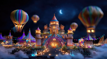 This stunning image features an enchanting fairytale castle illuminated at night, surrounded by vibrant hot air balloons and a magical atmosphere that captivates viewers.の素材