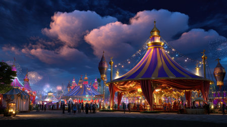 A vibrant carnival scene illuminated by colorful lights captures the spirit of celebration and joy. Whimsical tents and a dynamic sky create a magical atmosphere for festivities.の素材