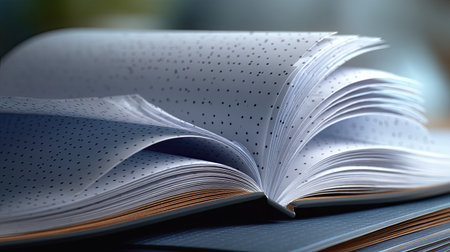 An open notebook featuring blank dotted pages creates an inviting space for writing and creativity. Ideal for students and professionals, it captures a serene workspace atmosphere, encouraging imaginative thoughts and organized planning.の素材