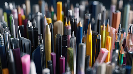 A close-up view of a vibrant collection of writing instruments, including pens, pencils, and markers, arranged neatly in a container, perfect for creative settings.の素材