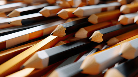 This close-up image features a diverse arrangement of pencils, showcasing their tips and textures, ideal for representing creativity, education, and artistic expression.の素材