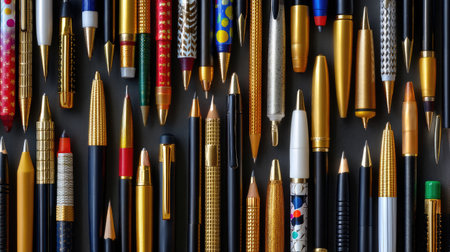 This image showcases a beautifully arranged collection of writing instruments featuring gold and black colors, perfect for artistic or office themes.の素材