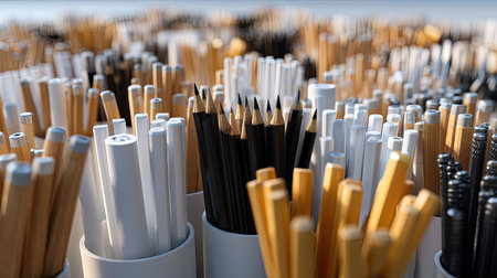 A dynamic arrangement of various pencils and pens in distinct colors and materials creates a lively atmosphere in a professional workspace, inspiring creativity.の素材
