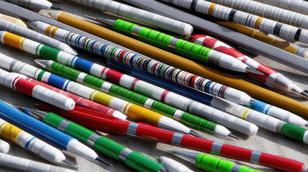 A detailed close-up of a vibrant assortment of writing pens lying on a surface, showcasing the variety in style and color. Ideal for office and school themes.の素材