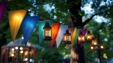 This enchanting image captures a vibrant outdoor scene featuring colorful bunting and glowing lanterns, creating a cozy and inviting atmosphere for summer festivities.の素材