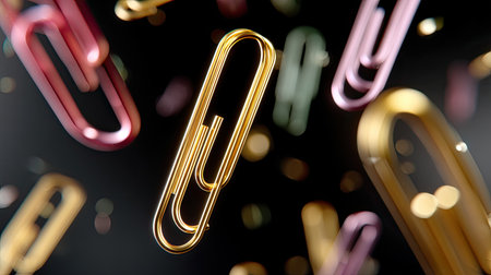 This vibrant image features colorful paperclips in motion against a blurred bokeh background, perfect for conveying organization and creativity in office settings.の素材