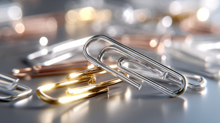 A stunning close-up of various metallic paper clips featuring silver, gold, and copper hues. The image showcases soft focus and bokeh effects, emphasizing reflections and textures on a sleek metallic surface. Perfect for business or creative projects.の素材