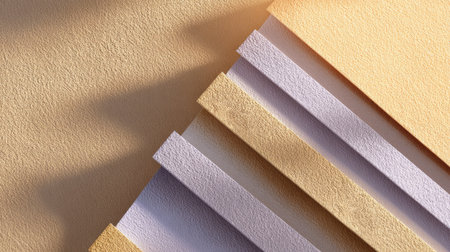 A visually striking arrangement of textured paper sheets in soft beige and light purple tones, bathed in warm natural light and gentle shadows.の素材