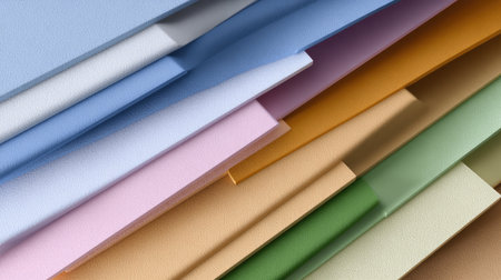 This image features a detailed arrangement of colorful sheets of textured paper in various pastel tones, perfect for creative projects or background use.の素材