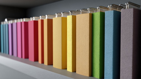 A visually striking arrangement of colorful book spines on a shelf, showcasing a variety of vibrant colors and textures perfect for creative inspiration.の素材