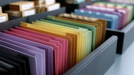 A close-up view of vibrant and organized papers and cardstock arranged in a stylish drawer, perfect for crafting, projects, or office use.の素材