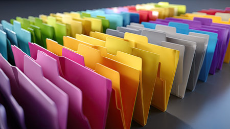 Vibrant and colorful file folders neatly arranged in rows create an organized workspace, enhancing productivity and serving as an essential tool for document management.の素材