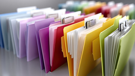 A vibrant and colorful array of office folders neatly organized in rows, showcasing an efficient system for managing documents and files in a workspace.の素材