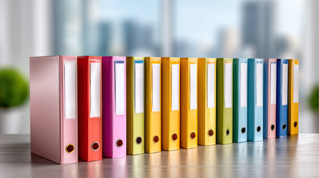 A collection of colorful office folders neatly arranged on a wooden desk, showcasing a modern workspace focused on organization and productivity.の素材