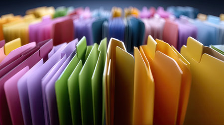 A vibrant arrangement of colorful document folders creates a dynamic visual in an office setting. The soft focus background enhances the organizational theme, making it ideal for business or productivity-related content.の素材