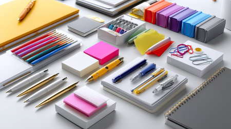 A vibrant collection of office supplies arranged neatly on a workspace, including pens, sticky notes, and various stationery items for organization and creativity.の素材