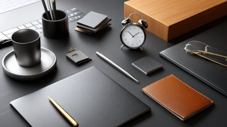 A beautifully arranged desk showcasing elegant stationery items, a clock, and modern accessories perfect for enhancing productivity and aesthetic appeal.の素材