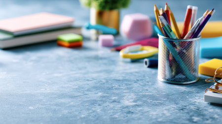 A vibrant arrangement of office supplies and stationery items on a stylish blue tabletop, perfect for inspiring creativity in any workspace or study area.の素材