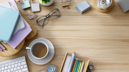 A cozy workspace showcasing neatly arranged stationery, a cup of coffee, a green plant, and modern office tools on a wooden desk surface. Perfect for creative inspiration.の素材