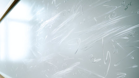 A close-up view of an empty whiteboard displaying light smudges and markings, set in a bright office or classroom environment, perfect for educational concepts.の素材