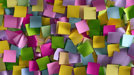 A vibrant assortment of sticky notes in bright colors scattered randomly, perfect for adding a pop of color to any workspace while emphasizing organization.の素材