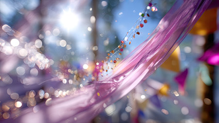 This enchanting image captures colorful decorations and soft lights, creating a vibrant atmosphere ideal for celebrations and joyful gatherings.の素材