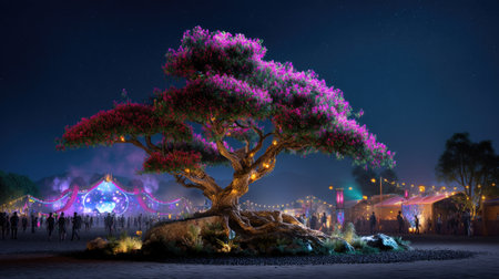 A stunning blossom tree stands out at a lively festival night, illuminated by colorful lights and surrounded by joyful crowds engaging in celebration.の素材