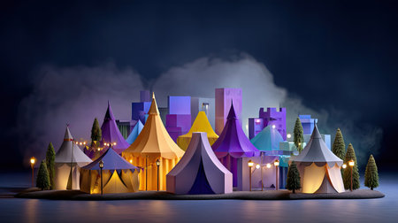 A vibrant and imaginative fantasy village featuring various colorful tents and structures, illuminated under a mysterious night sky with a soft fog ambiance.の素材