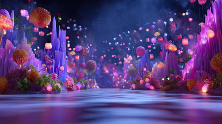 A mesmerizing surreal landscape filled with vibrant colors, glowing plants, and luminous decorations, evoking a dreamlike atmosphere perfect for fantasy themes.の素材