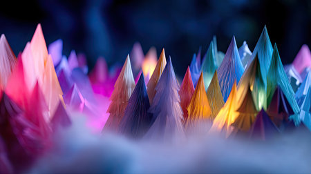 Discover a breathtaking abstract mountain landscape featuring vibrant peaks illuminated by soft fog and lights, perfect for creative projects and visual inspiration.の素材