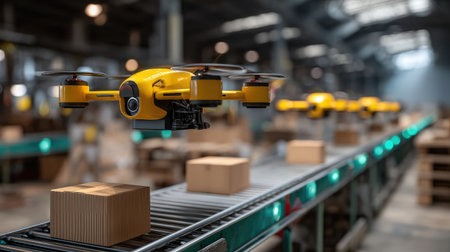 This image showcases cutting-edge drone technology in a bustling warehouse, emphasizing automation in package delivery. The focus is on efficiency and modern logistics solutions.の素材