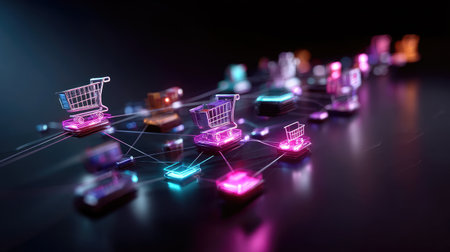 This vibrant illustration showcases a futuristic e-commerce network with neon shopping carts and digital connections, capturing the essence of modern online retail.の素材